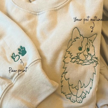 Mother's Day Gift Pet Portrait Embroidered Sweatshirt Using Pet Photo Paw Print On The Sleeve